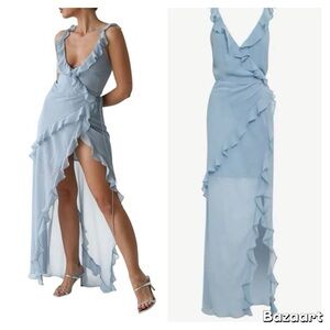 Rumored Just Like Heaven Blue Ruffle Maxi Wrap Dress NWT SIZE:M